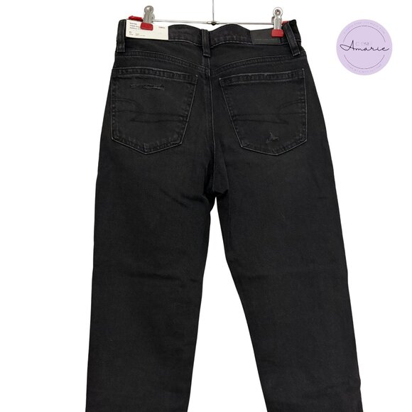 American Eagle Super High-Rise Ankle Straight Jeans, Black Distressed - Picture 2 of 6